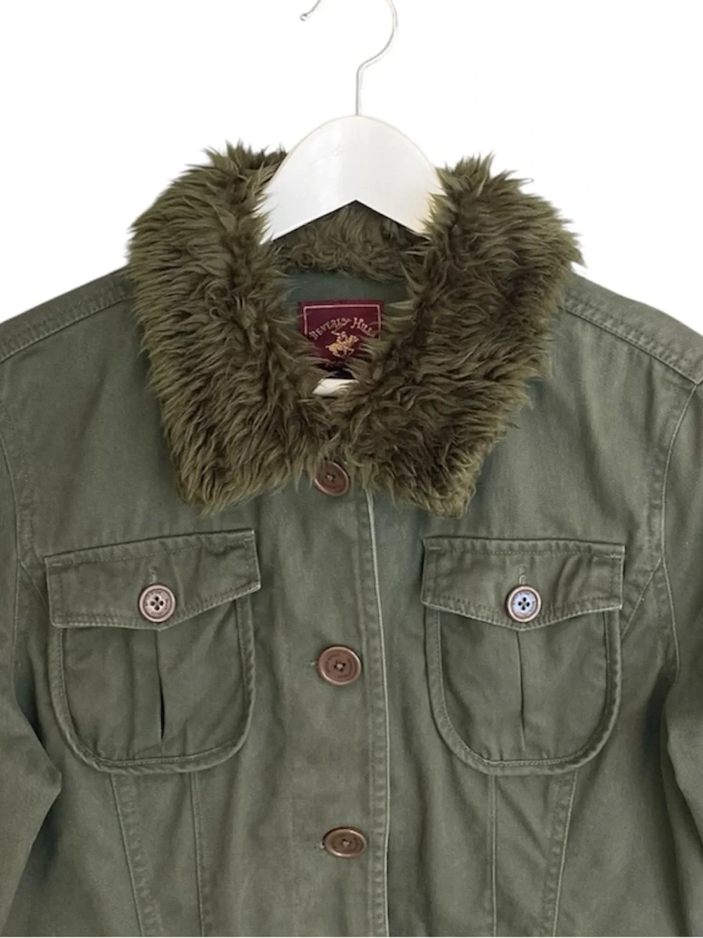 BEVERLY HILLS POLO CLUB Utility Jacket Faux Fur Collar Olive Green Women Size L
